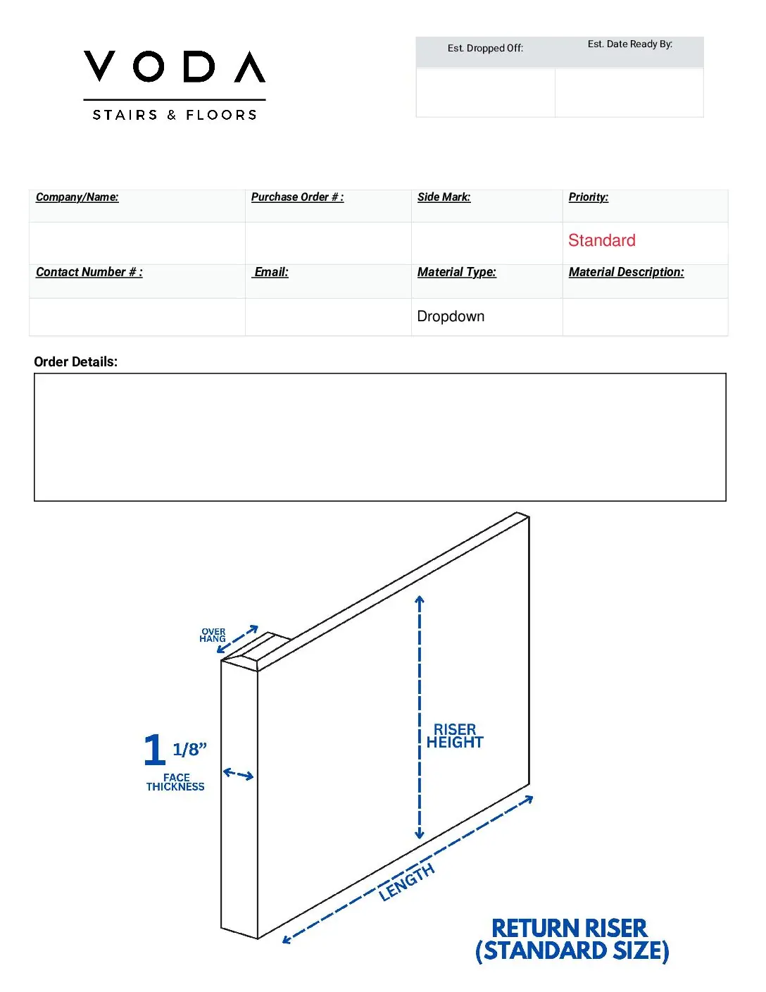 Return Riser Standard Size fabrication template PDF preview from Voda Stairs