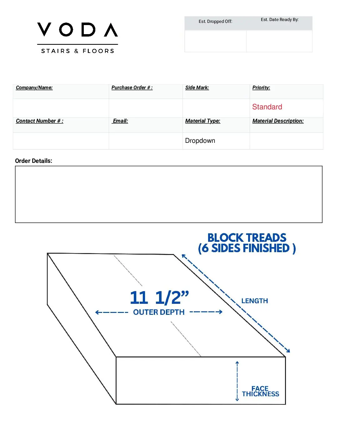 Standard Size Block Tread 6 Sides fabrication template PDF preview from Voda Stairs