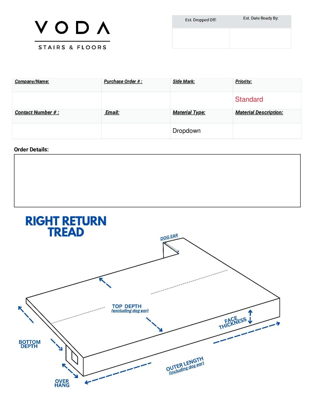Non Standard Right Return Tread fabrication template PDF preview from Voda Stairs