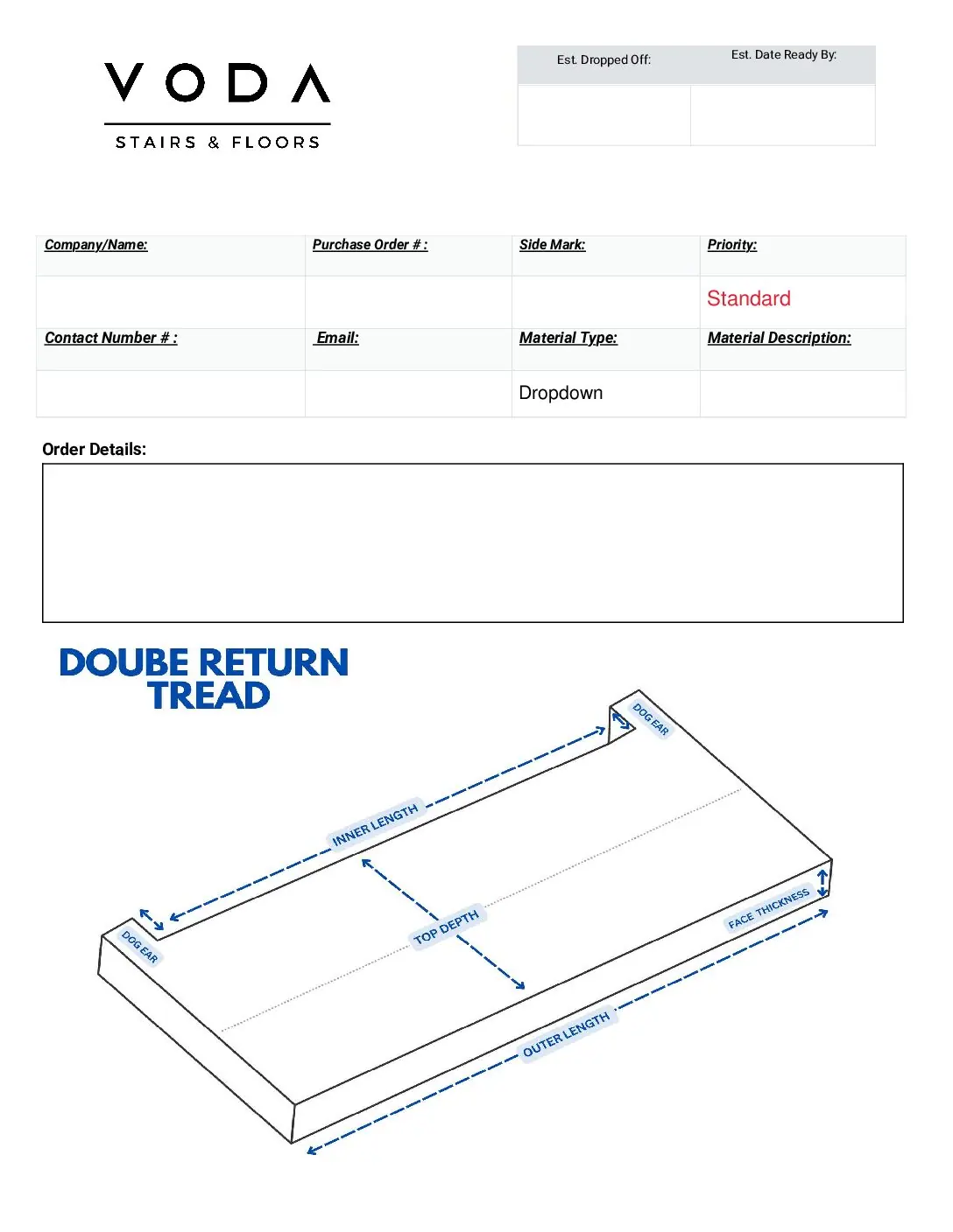 Double Return Treads fabrication template PDF preview from Voda Stairs