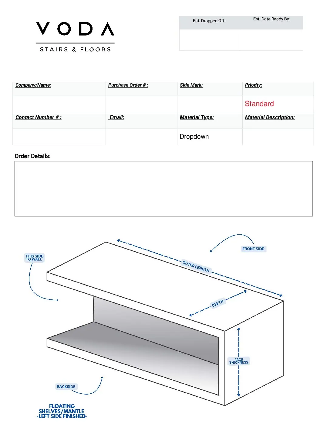 Floating Mantel Left Side fabrication template PDF preview from Voda Stairs