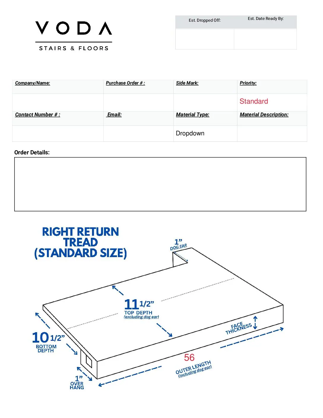 Right Return Tread Standard Size fabrication template PDF preview from Voda Stairs