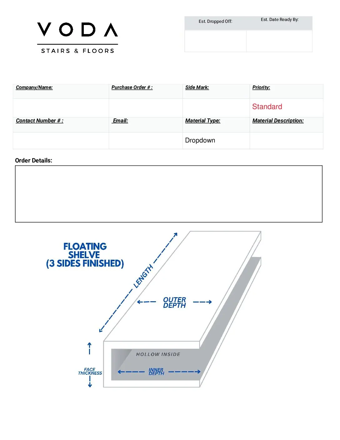 Floating Shelve 3 Sides fabrication template PDF preview from Voda Stairs