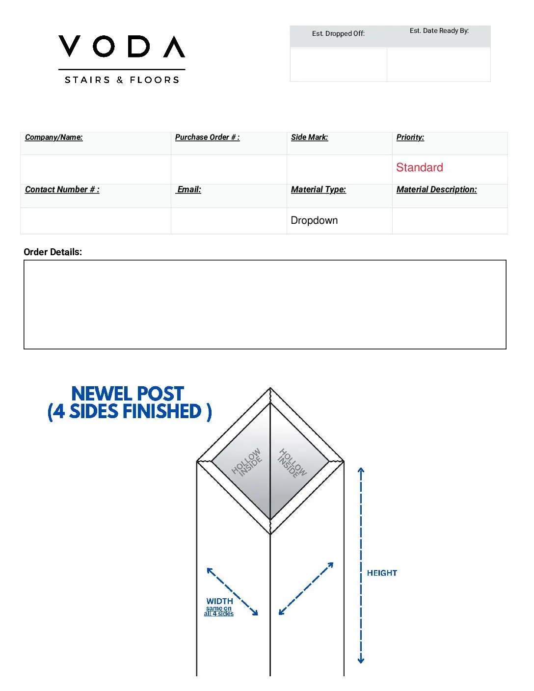 Newel Post 4 Sides Finished fabrication template PDF preview from Voda Stairs