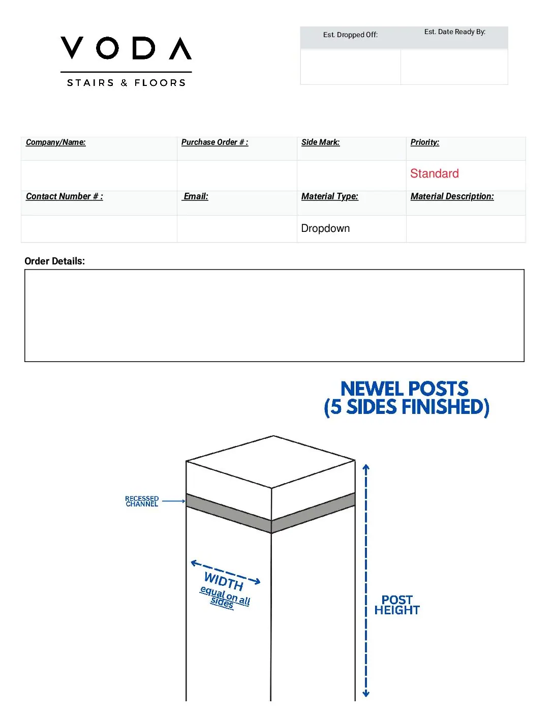 Newel Post 5 Sides Finished fabrication template PDF preview from Voda Stairs