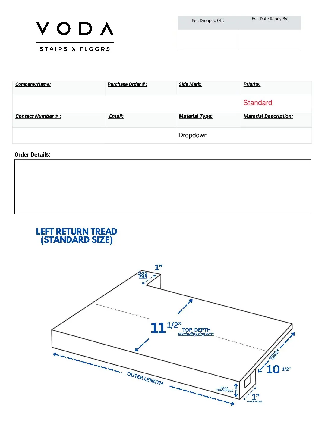 Left Return Tread Standard Size fabrication template PDF preview from Voda Stairs