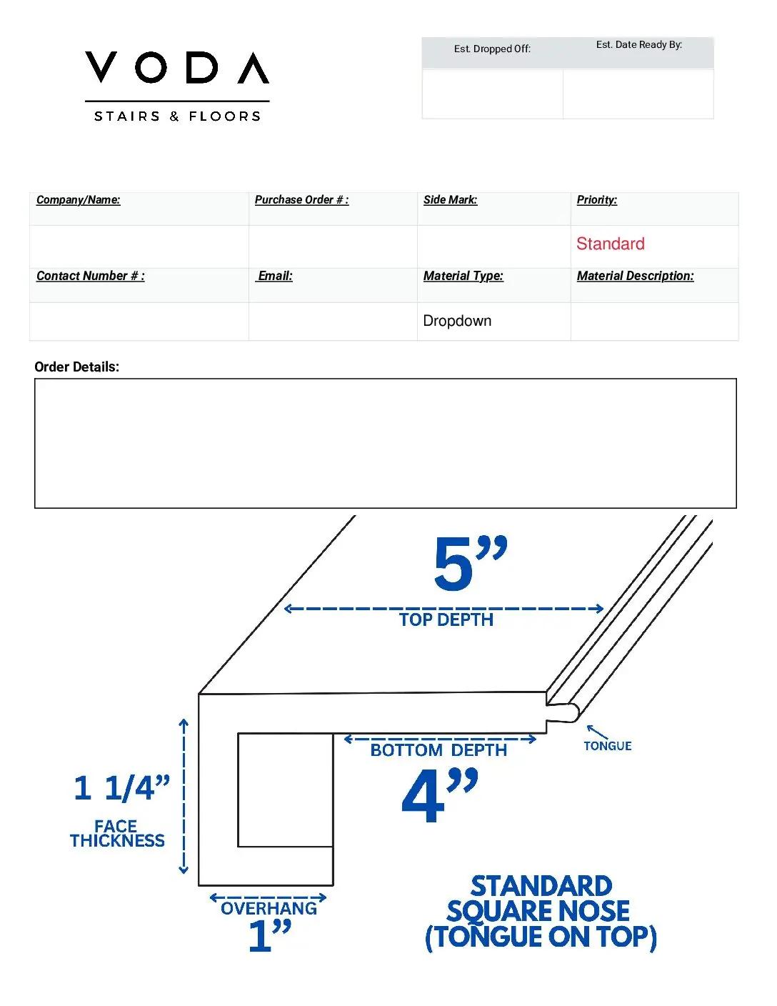 Standard Size Square Nose With Tongue fabrication template PDF preview from Voda Stairs