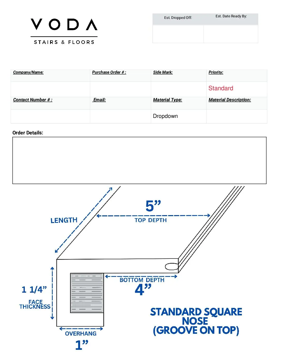 Standard Square Nose With Groove On Top fabrication template PDF preview from Voda Stairs